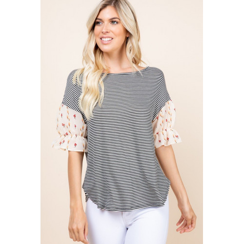 Cute Striped Curved Hem Casual Top