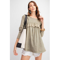Long Sleeve Ruffled Detailing Oil Washed Knit Tunic