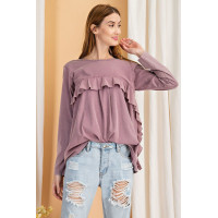 Long Sleeve Ruffled Detailing Oil Washed Knit Tunic