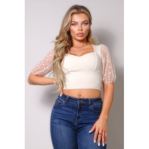 Polka Dot Mesh Puff Sleeve Contrast Fashion Top