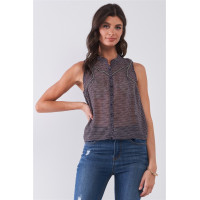 Purple & Multi Sleeveless Mock Neck Front Button Down Sheer Blouse Top