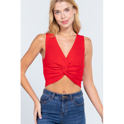Sleeveless V-neck Twist Knot Knit Top