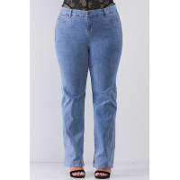 Plus Mid-wash Blue Denim Low-rise Wide-leg Upsized Basic Dad Jeans