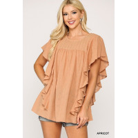 Textured Ruffle Sleeve Tunic Top With Back Keyhole