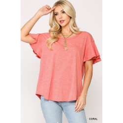 Solid Round Neck Frill Sleeve Top With Scoop Hem