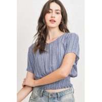 Woven Printed Crinkle Gauze Waist Smocking Short Sleeve Top