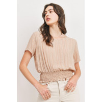 Woven Printed Crinkle Gauze Waist Smocking Short Sleeve Top