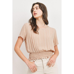 Woven Printed Crinkle Gauze Waist Smocking Short Sleeve Top