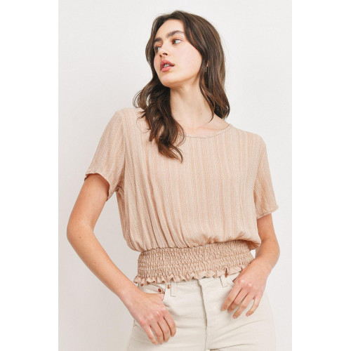 Woven Printed Crinkle Gauze Waist Smocking Short Sleeve Top