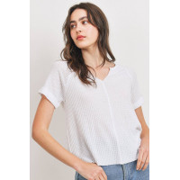 Waffle Raw Edge V-neck Rolled Up Short Sleeves Top