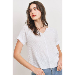 Waffle Raw Edge V-neck Rolled Up Short Sleeves Top