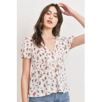 Front Tie Floral Waffle Top
