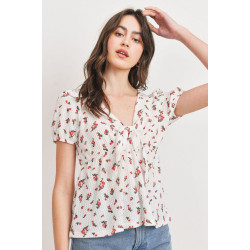 Front Tie Floral Waffle Top