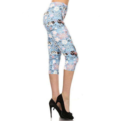Cats And Flowers Printed, High Waisted Capri Leggings