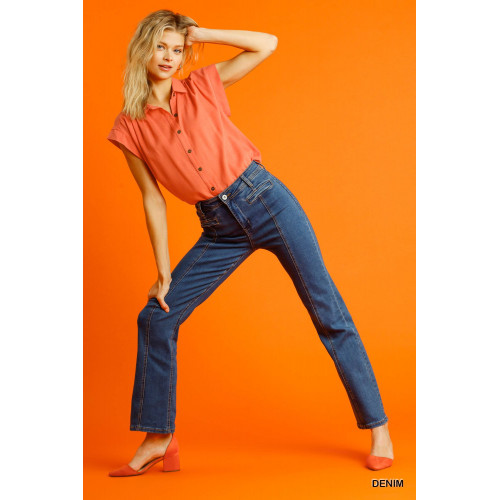 Panel Straight Cut Denim Jeans With Pockets