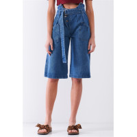 Mid Blue Denim Front Cut-out High-waist Buckle Self-tie Belt Detail Midi Flare Jean Pants