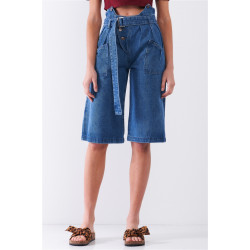 Mid Blue Denim Front Cut-out High-waist Buckle Self-tie Belt Detail Midi Flare Jean Pants