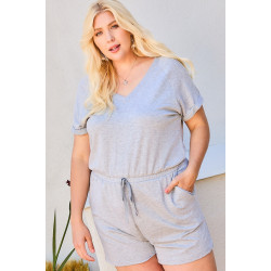 V Neck Short Raglan Sleeve Waist Elastic Band Side Pocket Solid French Terry Romper
