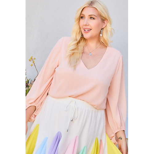 V Neck Bubble Sleeve Solid Top