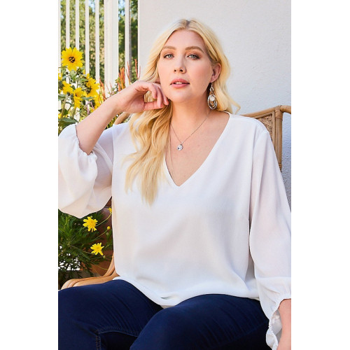 V Neck Bubble Sleeve Solid Top