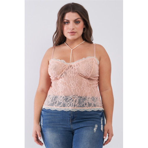Plus Size Sleeveless Sheer Lace Halter Neck Detail Bustier Top