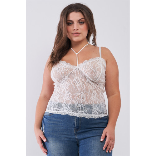 Plus Size Sleeveless Sheer Lace Halter Neck Detail Bustier Top - CC-54394a