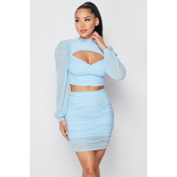Sexy Sheer Cutout Puff Sleeved Top And Skirt Set