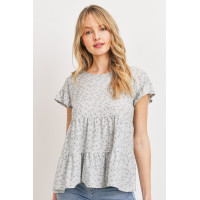 Dot Textured Print Jersey Ruffled Short Sleeve Top
