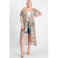 Short Sleeves Long-line Printed Mesh Open Cardigan