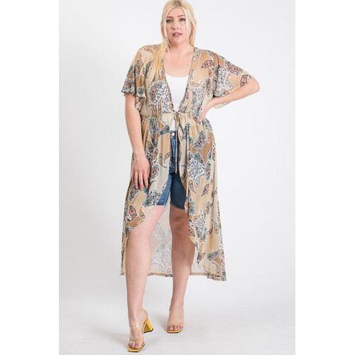 Short Sleeves Long-line Printed Mesh Open Cardigan