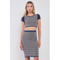 Navy & White Geometrical Pattern Short Sleeve Crop Top & High-waisted Pencil Skirt Two Piece Set