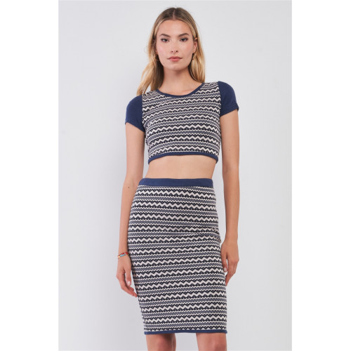 Navy & White Geometrical Pattern Short Sleeve Crop Top & High-waisted Pencil Skirt Two Piece Set