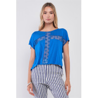 Royal Blue Boat Neck Short Sleeve See-trough Cross Cut-in Detail With Floral Embroidery Top