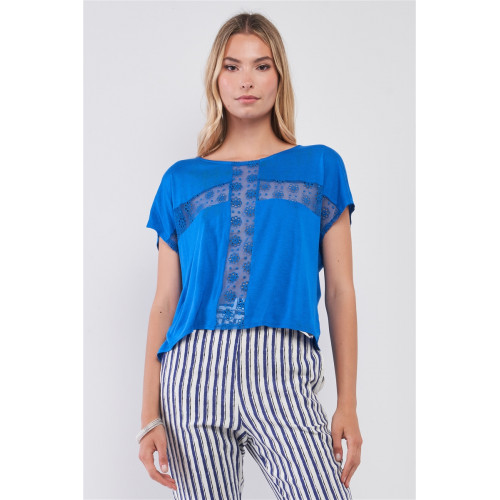 Royal Blue Boat Neck Short Sleeve See-trough Cross Cut-in Detail With Floral Embroidery Top