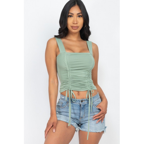 Adjustable Front Ruched With String Square Neck Crop Tops