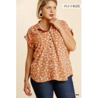 V-neck Dalmatian Print Button Front Top With Pocket Detail