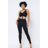Mesh Strappy Adjustable Ruched Crop Top With Matching See Through Side Panel Leggings