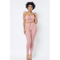 Mesh Strappy Adjustable Ruched Crop Top With Matching See Through Side Panel Leggings
