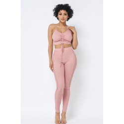 Mesh Strappy Adjustable Ruched Crop Top With Matching See Through Side Panel Leggings