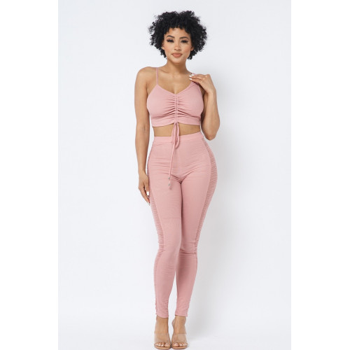 Mesh Strappy Adjustable Ruched Crop Top With Matching See Through Side Panel Leggings