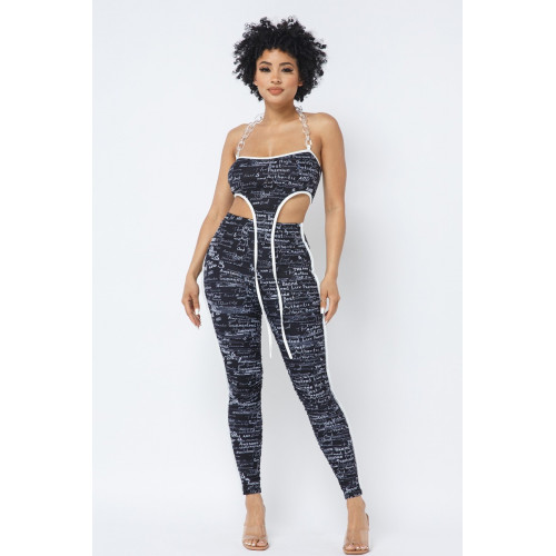 Mesh Print Crop Top With Plastic Chain Halter Neck With Matching Leggings
