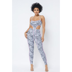 Mesh Print Crop Top With Plastic Chain Halter Neck With Matching Leggings