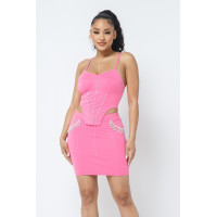 Rhinestone Detailed Strappy Cropped Top With Matching Rhinestone Pocket Detail Mini Skirt