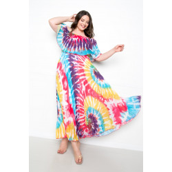 Tie Dye Off Shoulder Pleated Maxi Dress