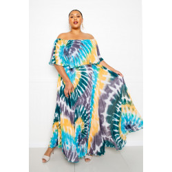 Tie Dye Off Shoulder Pleated Maxi Dress