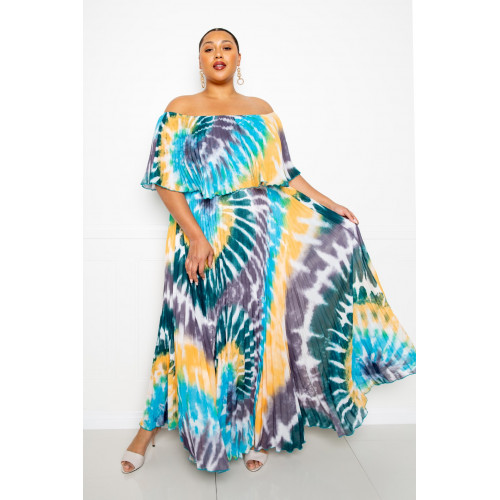 Tie Dye Off Shoulder Pleated Maxi Dress