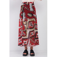 Red & Multi Vintage Graphic Print High-waisted Two Front Slits Maxi Skirt