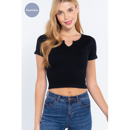 Short Slv Notched Rib Seamless Top
