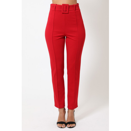 Ankle Tapered Self-fabric Buckle Belt Pants