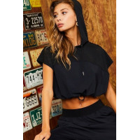 Hoodie Waist Adjustable Contrast Mesh Crop Top